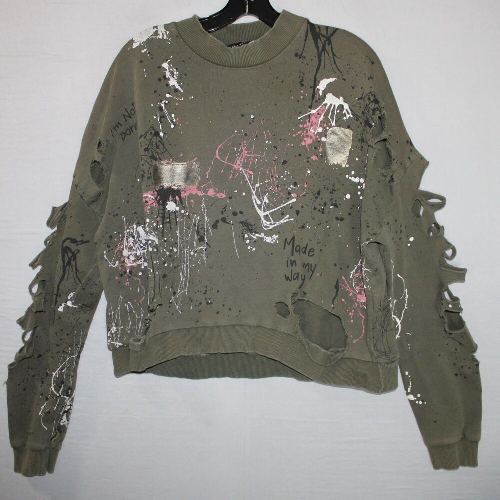 Zara Distressed Sweater Size Large Paint Thumb Holes Paint Spatter Rip Sleeves